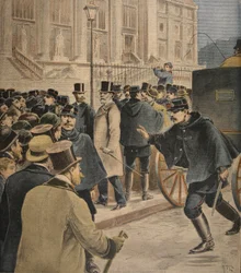 Emile Zola fora do tribunal, ilustração de &39;Le Petit Journal: Suplemento illustre&39;, 20 de fevereiro de 1898